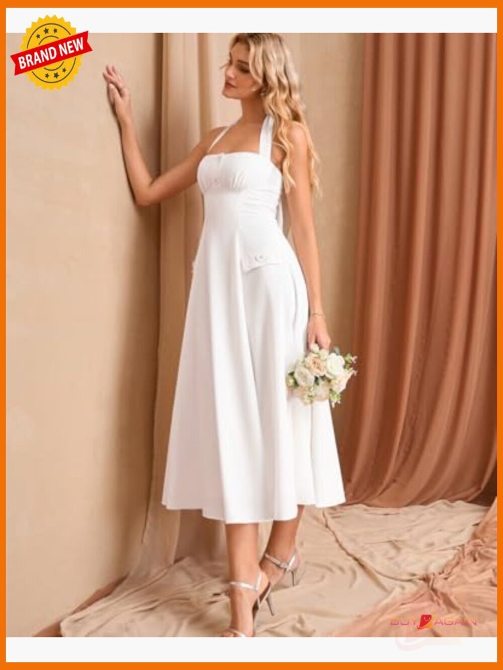 Floral Halter Corset Midi Dress A-Line Bow Tea Party Wedding Guest - Picture 5 of 7